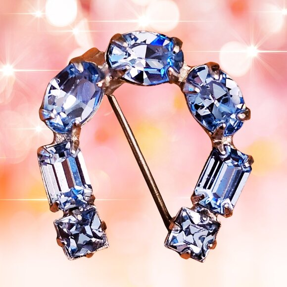 Jewelry - VTG 1950s Sapphire Blue Rhinestone Horseshoe Brooch Silver-Tone Setting